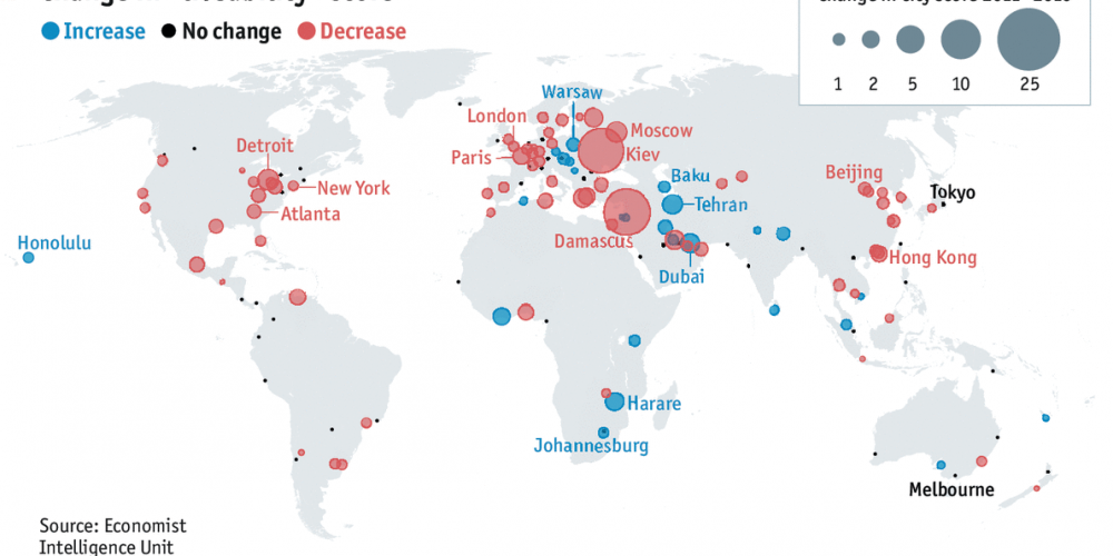 Прирост (синий) и снижение (красный) качества жизни в городах мира